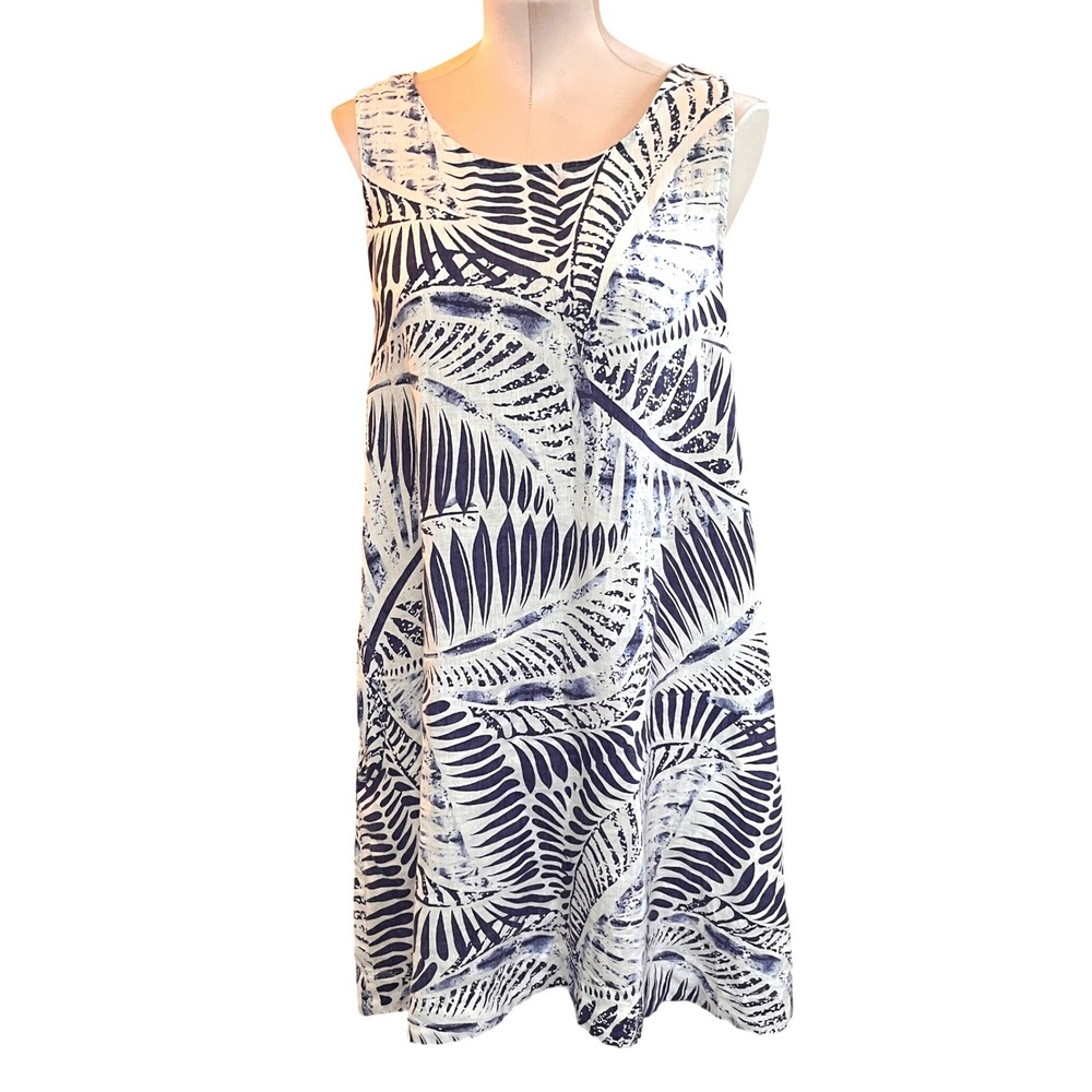 Tahari Womens Large Navy White 100% Linen Tropical Palm Leaf Dress Sleeveless